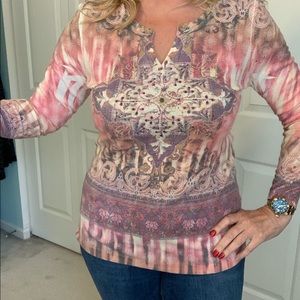 Embellished long sleeve tee Large pink orange sequins light colors